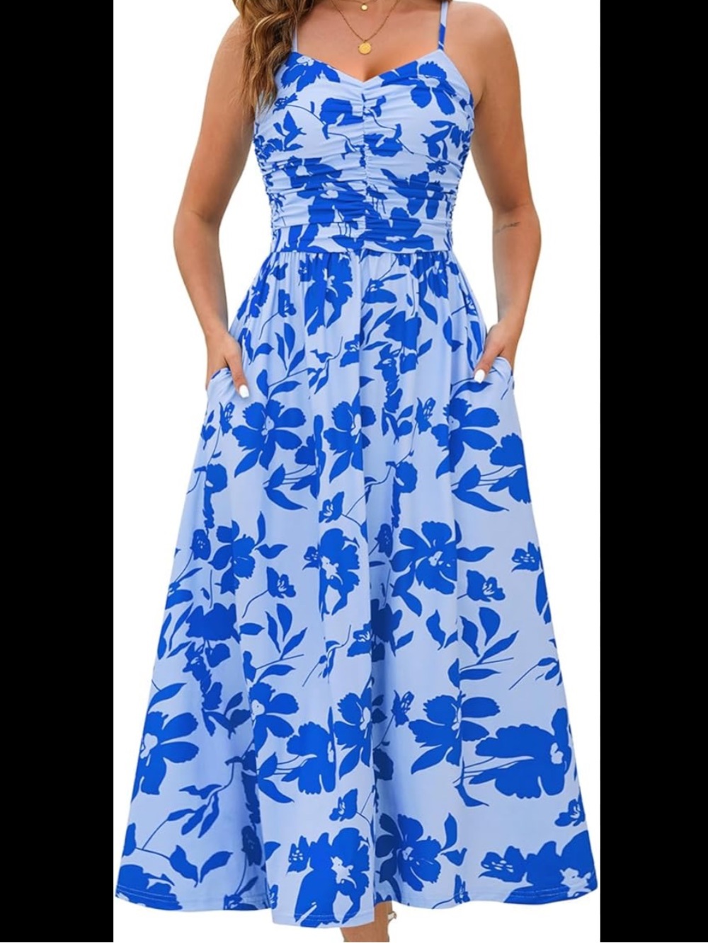 Blue Floral Maxi Skirt with Ruched Waist and Pockets